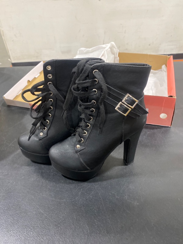 Photo 3 of 100FIXEO Women's Goth Platform Chunky High Heel Ankle Boots Sexy Closed Toe Lace Up Punk Biker Stripper Booties