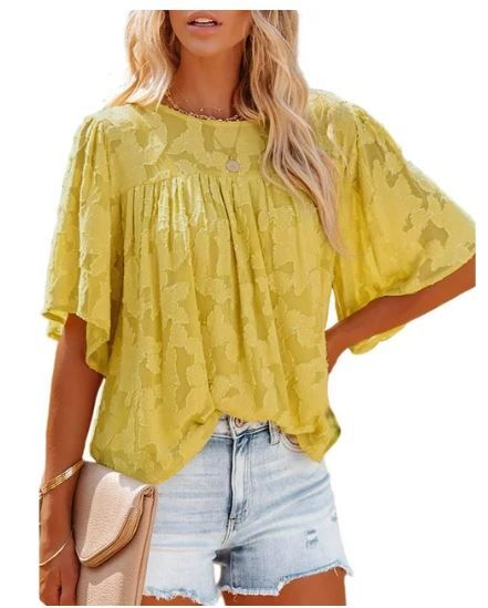 Photo 1 of Asvivid Womens Crewneck Ruffle 3/4 Bell Sleeve Blouse Babydoll Tops Lace Shirts Casual Loose Summer Tops- LARGE