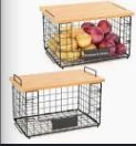 Photo 1 of 2 Pack Stackable Wire Baskets with Bamboo Top for Pantry Organizers and Storage, XL Kitchen Organization Counter Basket for Fruit, Vegetable, Produce, Bread, Potato and Onion Storage Bins 