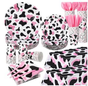 Photo 1 of 352 Pcs Cow Print Party Supplies Include 100 Pcs 7'' and 9'' Cow Print Paper Plates 50 Pcs 9 oz Cups 50 Napkins 50 Spoons 50 Forks 50 Knives 2 Tablecloths for Birthday (White, Black and Pink) 