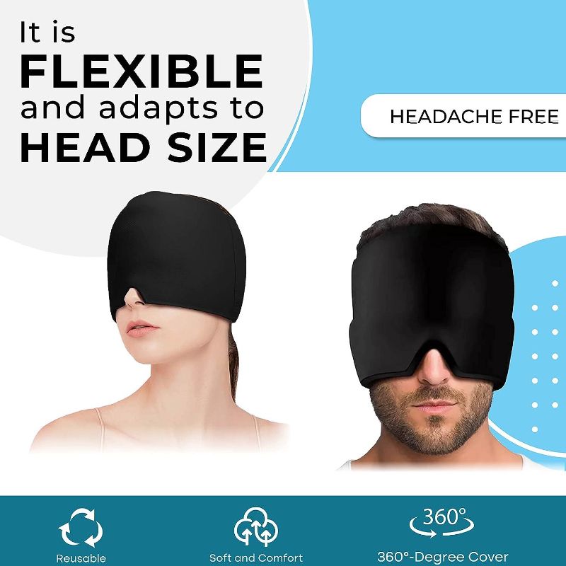 Photo 1 of Headache Relief Hat Migraine Cap 360 ° Full Angle Coverage Migraine Ice Head Wrap Reusable Flexible Cooling Gel Headache Ice Pack for Puffy Eyes - Tension - Sinus and Stress Relief Headache Cap Black 360 ° Coverage