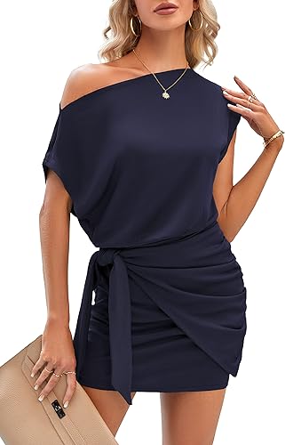 Photo 1 of AMIMIV Womens Summer Off The Shoulder Dresses Casual Short Sleeve Bodycon Ruched Tie Waist Slim Ribbed Knit Mini Dress