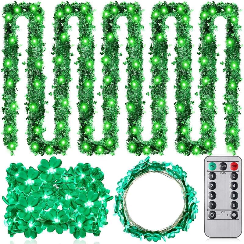 Photo 1 of 2 Pack St Patrick's Day Shamrock Decoration Set Shamrock Lucky Clover Metallic Tinsel Garland and Battery Operated 10ft 30LEDs String Light Green Shamrock Garland LED Lighted for Party Home Decor