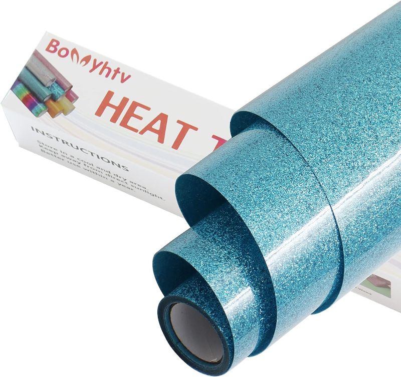 Photo 1 of  2/ Bonnyhtv Glitter HTV Heat Transfer Vinyl Roll, Glitter Iron on Vinyl for Cricut & Silhouette Cameo, 12" x 5ft Glitter Vinyl for Heat Transfer Vinyl for T-Shirts Gifts (5ft-Glitter Sky Blue) 