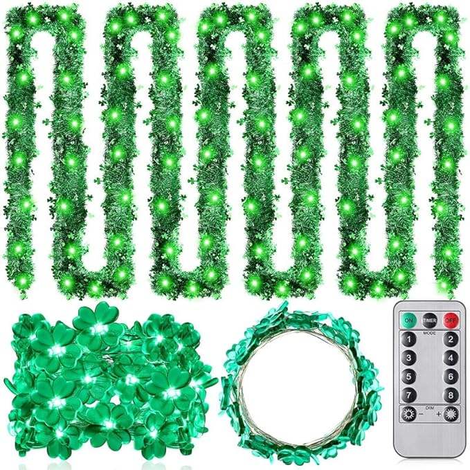 Photo 1 of 2 Pack St Patrick's Day Shamrock Decoration Set Shamrock Lucky Clover Metallic Tinsel Garland and Battery Operated 10ft 30LEDs String Light Green Shamrock Garland LED Lighted for Party Home Decor
Visit the Riakrum Store