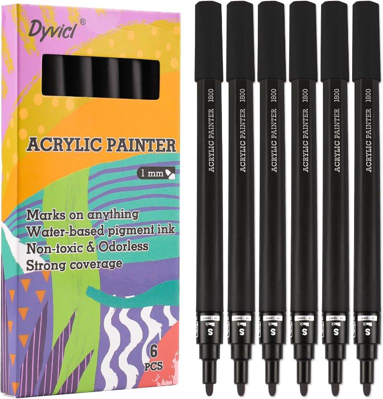 Photo 1 of Dyvicl Black Paint Pens, Acrylic Black Paint Markers for Rock Painting, Stone, Ceramic, Glass, Wood, Fabric, Canvas, Metal, DIY Crafts Making, 6 Pack Acrylic Paint Markers Fine Point