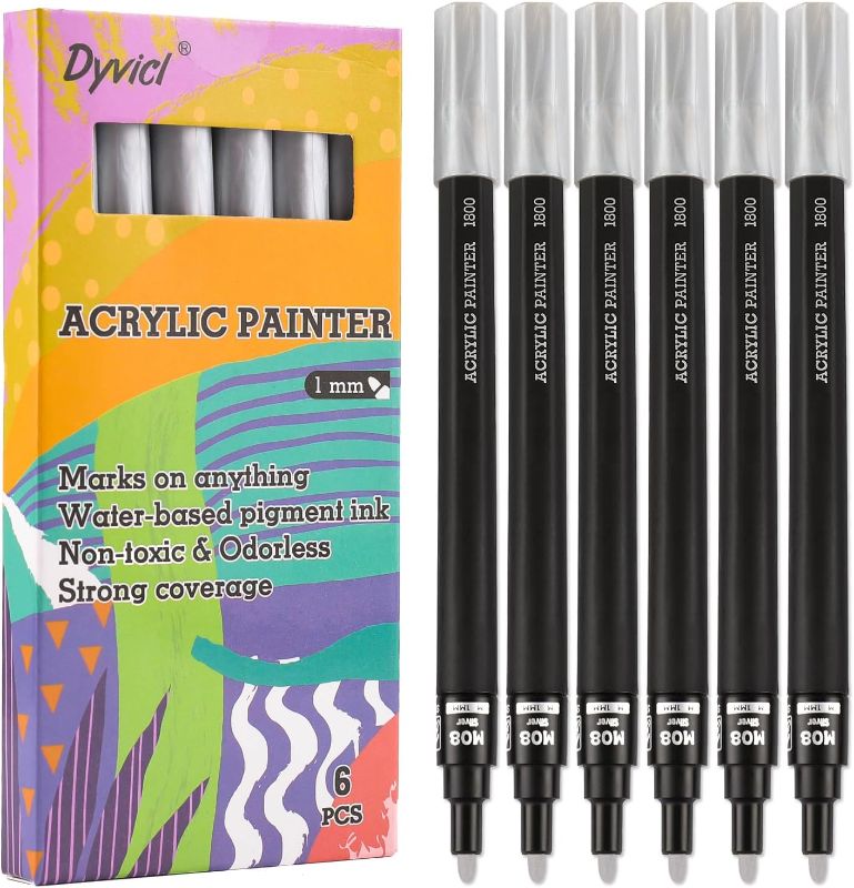 Photo 1 of Dyvicl Silver Paint Pens, Acrylic Silver Paint Markers for Rock Painting, Stone, Ceramic, Glass, Wood, Fabric, Canvas, Metal, DIY Crafts Making, 6 Pack Acrylic Paint Markers Fine Point