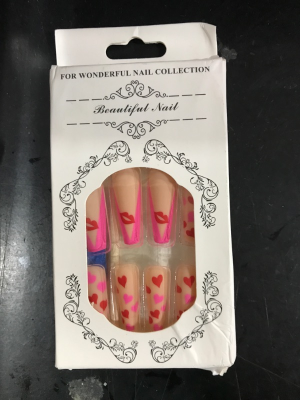 Photo 2 of Valentine's Day Press on Nails Long,Pink French Tip Coffin Fake Nails with Sexy Lip Print and Heart Designs Artificial Artificial False Nails Full Cover Glue on Nails Stick on Nails for Women 24PCS