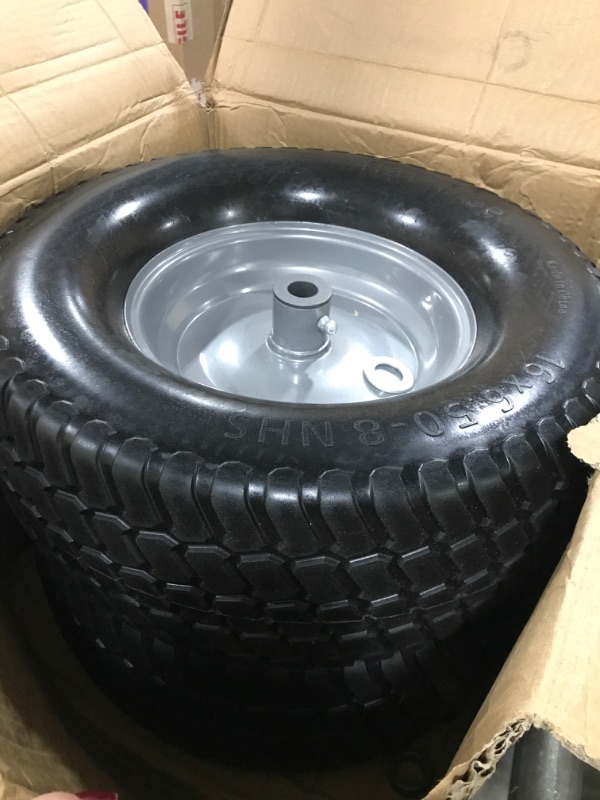 Photo 2 of (2-Pack) 16x6.50-8 Tire and Wheel Flat Free - Solid Rubber Riding Lawn Mower Tires and Wheels - With 3" Offset Hub and 3/4" Bushings - 16x6.5-8 Tractor Turf Tire Turf-Friendly 3mm Treads 16x6.50-8 Flat-Free Silver