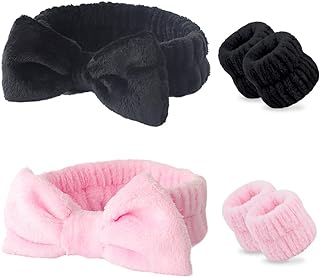 Photo 1 of  Spa Headband and Wristband Set, Fluffy Headband for Washing Face Soft Elastic Skincare Headband Makeup Head Wrap Hairband Bow Facial Headbands for Women Girls, Black and Pink