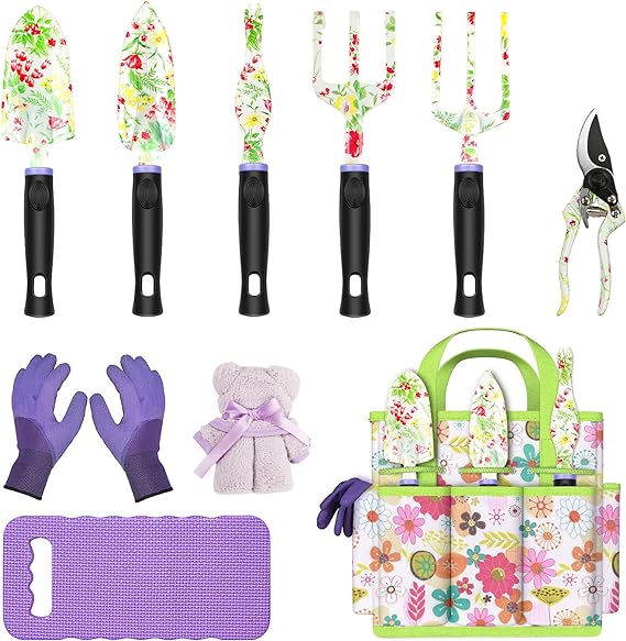 Photo 1 of JUMPHIGH Gardening Tool Set, 10 PCS Heavy Duty Aluminum Garden Kit Floral Gardening Gifts for Women, Garden Hand Tools with Non-Slip Rubber Handle, Kneeling Pad, Garden Gloves and Storage Tote Bag