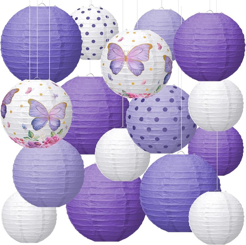 Photo 1 of 16 Pcs Butterfly Party Hanging Decorations Butterfly Paper Lanterns Round Purple White Chinese Paper Lanterns Ceiling Decorations for Birthday Baby Shower Theme Party Supplies Christmas Room Decor