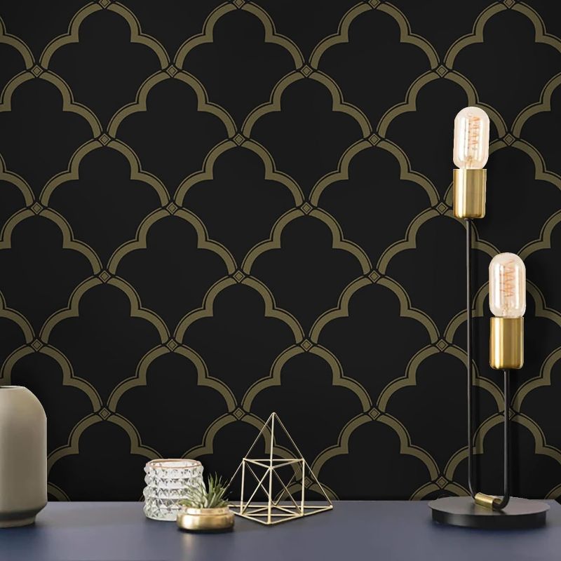Photo 1 of 17.3''x197''Geometric Wallpaper Black and Gold Peel and Stick Wallpaper Modern Trellis Contact Paper Self Adhesive Removable Wallpaper for Cabinet Bathroom Vinyl Roll