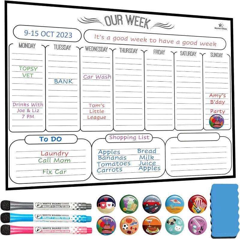 Photo 1 of HomeN’Stars Weekly White Board Dry Erase, Magnetic Weekly Planner for Fridge, Weekly Calendar Whiteboard Planner - Stain Resistant Technology - 3 Fine Tip Markers, Eraser, 10 Icons, 16inchX12inch