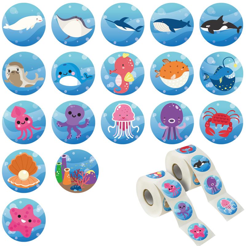 Photo 1 of 1.5Inch Adorable Sea Animals Stickers, 18 Patterns, self-Adhesive Stickers for Toddlers, Children Reward, Motivation, Teaching Decoration (600Pcs) 1.5Inch Sea Animals 2 PK