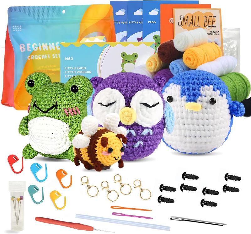 Photo 1 of ?hristabelle ?erina Crochet Kit for Beginners (Pack of 4) Crochet Animals: Frog, Penguin, Owl, Bee - Amigurumi Crochet Kit for Adults, Kids with Step-by-Step Video Tutorials and Yarns, Accessories