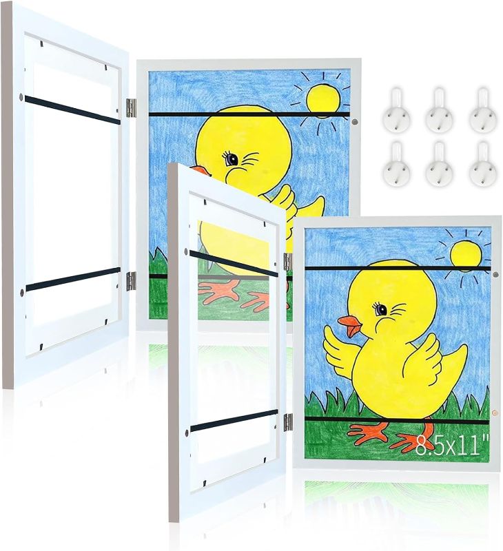 Photo 1 of 2 Pack Kids Art Picture Frame, 8.5x11 Front Opening Kid Artwork Frame Changeable, White Children Art Projects Storage Frame for Wall, Hold 50Pcs for 3D Picture, Hanging Art