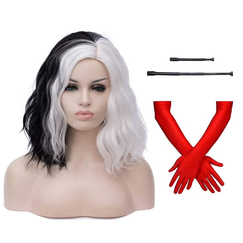 Photo 1 of Black White Wigs for Cruella Deville Costume Women Cruella Deville Wig with Red Gloves Cute Soft Wigs for Halloween Costume S080BW
