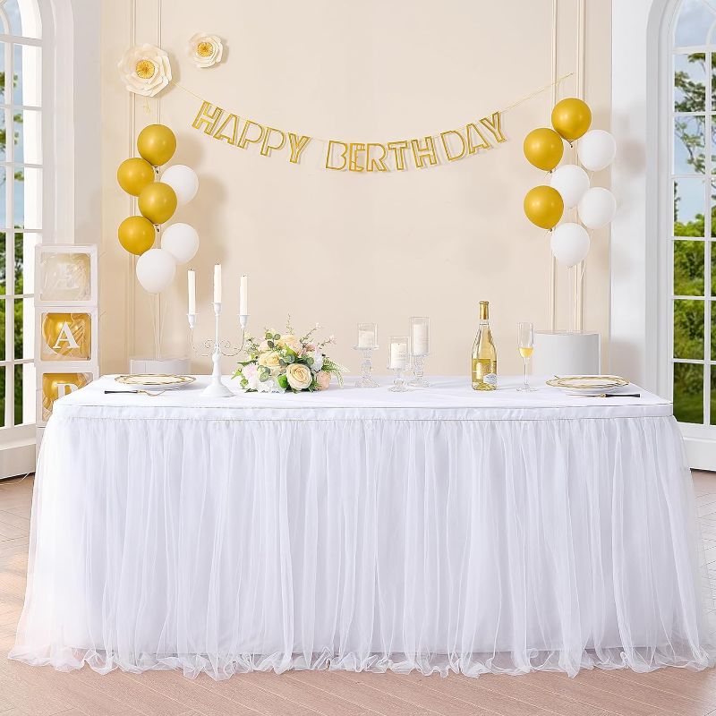 Photo 1 of 14ft White Tulle Table Skirt Tutu Table Skirt Tablecloth Decorations for Rectangle or Round Table for Birthday Party Baby Shower Wedding Buffet Banquet Decoration,Table Skirting(L14(ft)*H 30in)
