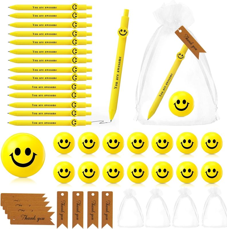 Photo 1 of 12 Set Employee Coworker Appreciation Gifts 12 Smiling Face Ballpoint Pens 12 Smiling Face Stress Balls for Back to School Students Teacher Graduation Day Appreciation Gift for Coworker