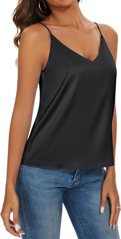 Photo 1 of [Size S] Miqieer Basic Women's Silk Tank Top Ladies V-Neck Camisole Silky Loose Sleeveless Blouse Satin Tank Shirt Medium Black