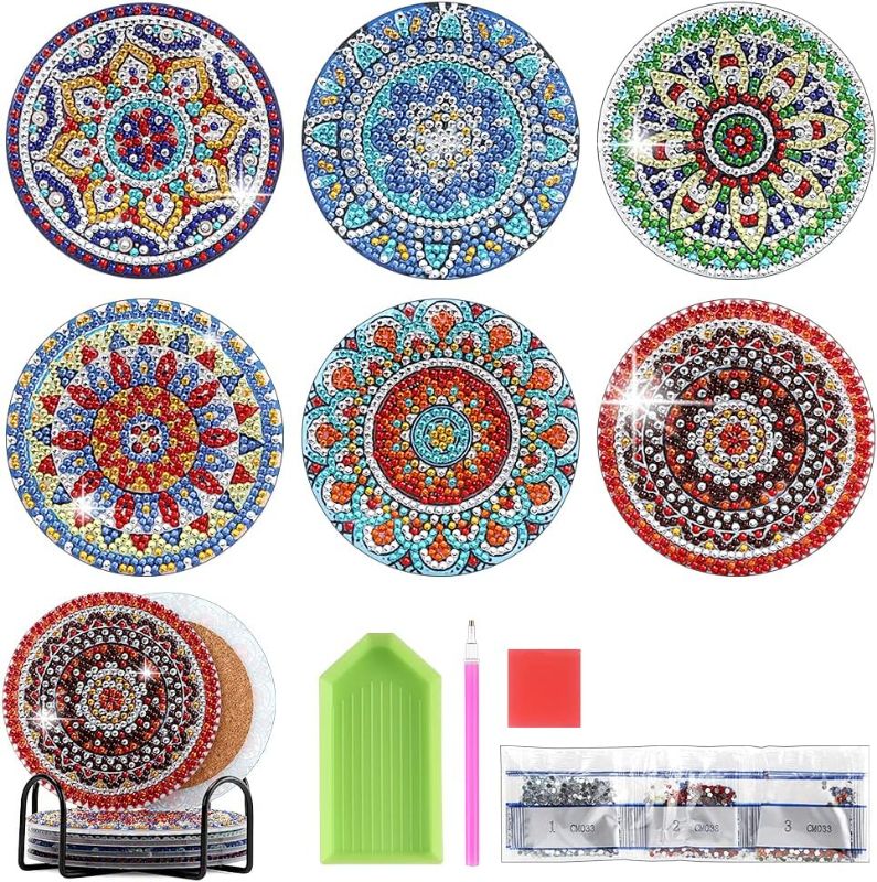 Photo 1 of 6 Pcs Diamond Painting Coasters with Holder, DIY Mandala Coasters Small Diamond Painting Kits for Beginners, Adults & Kids Diamond Art Craft Supplies Color2