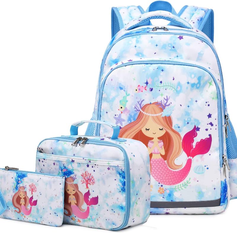 Photo 1 of Aimeen School Backpack for Girls Mermaid Girls Backpack 16.5 * 13.7 * 5.1inch,Lightweight Cute Bookbag for Teen Girl Kid Elementary with Lunchbox Schoolbag Blue Mermaid