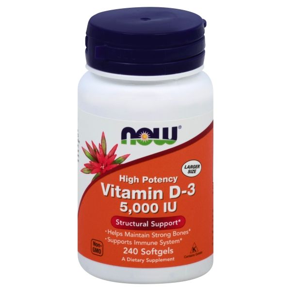 Photo 1 of Now Vitamin D-3, 5000 IU, High Potency, Softgel, Larger Size - 240 softgels