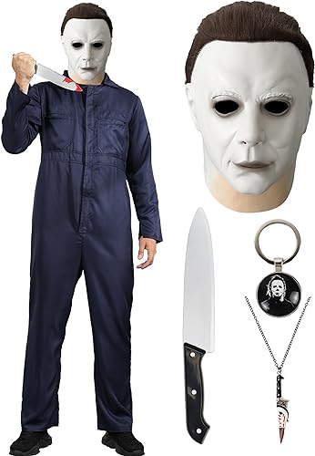 Photo 1 of [Size XXXL] Candyhouse Blue Jumpsuit with Mask Knife Keychain Necklace,Jumpsuit Halloween Costume Coveralls