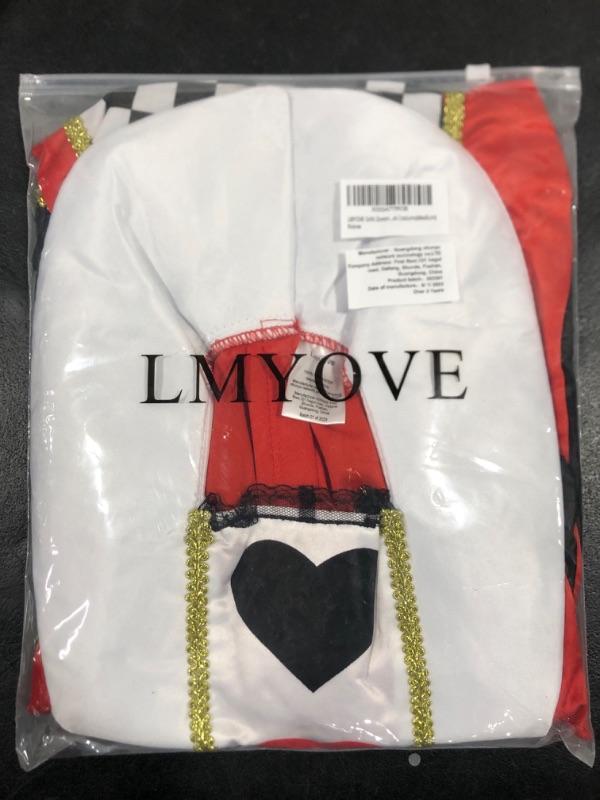 Photo 2 of [Size M] LMYOVE Girls Queen of Hearts Costume Kids, Red Heart Queen Fairytale Outfit for Girls, Halloween Costume Dress Up Cosplay Medium Red&black