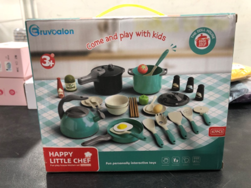 Photo 2 of Bruvoalon 32Pcs Kids Play Kitchen Toys Set, Toddlers Pretend Cooking Playset Acccessories with Pots Pans, Utensils Cookware, Foods, Canned Veges, Learning Gift for Kids Girls Boys (Green)
