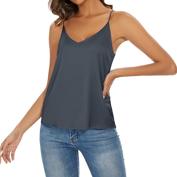 Photo 1 of [Size XL] Miqieer Basic Women's Silk Tank Top Ladies V-Neck Camisole Silky Loose Sleeveless Blouse Tank Shirt with Soft Satin- Lake Blue