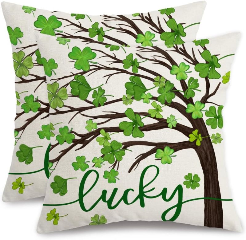 Photo 1 of AACORS St.Patricks Day Pillow Covers 18X18 Inch Set of 2,Lucky Shamrock Tree Decorations Holiday Spring Decorative Pillow Case Decor for Sofa Couch (Green) AK037-18 