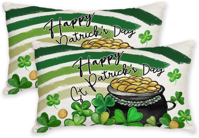 Photo 1 of AACORS St.Patricks Day Pillow Covers 12X20 Inch Set of 2,Shamrock Rainbow Coin Decorations Holiday Spring Decorative Pillow Case Decor for Sofa Couch (Green) AK032-12 