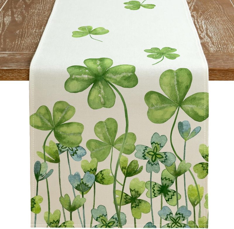 Photo 1 of ARKENY St Patricks Day Table Runner 13x90 Inches, Green Shamrock Spring Seasonal Farmhouse Burlap Indoor Kitchen Dining Table Decorations for Home Party AT080-90
