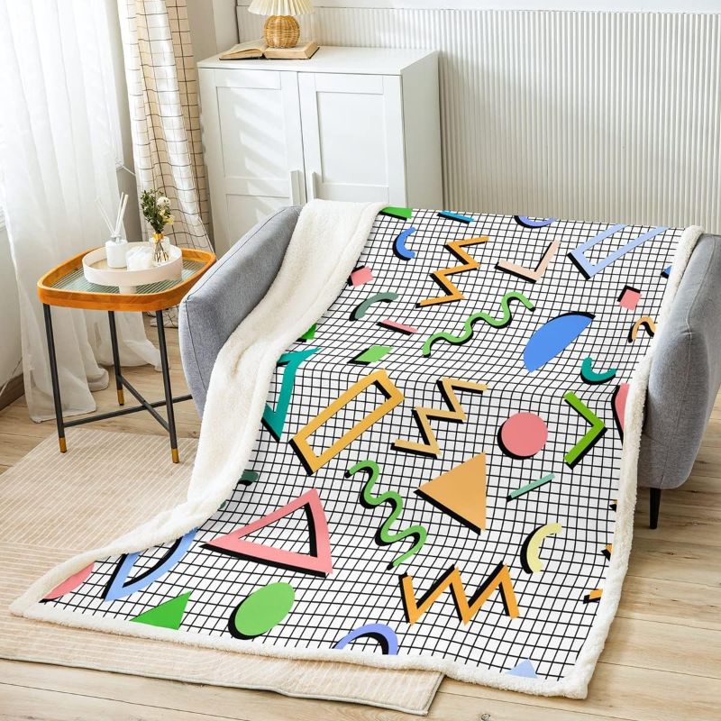 Photo 1 of 80s 90S Fashion Style Throw Blanket 50"x60",Retro Memphis Style Pattern with Geometrical Shapes Bed Blanket for Kids Child,Funky Hipster Old Fashioned Fleece Blanket Geometric Bedroom Decor 