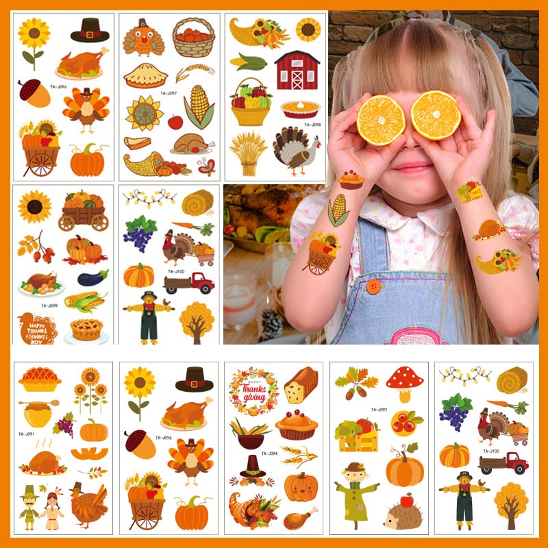 Photo 1 of 88Pcs Fall Tattoos Decorations Autumn Thanksgiving Day Temporary Tattoos for Kids Women Maple Leaf Pumpkin Turkey Scarecrow Shape Waterproof Fake Tattoos Stickers for Children Theme Party Supplies