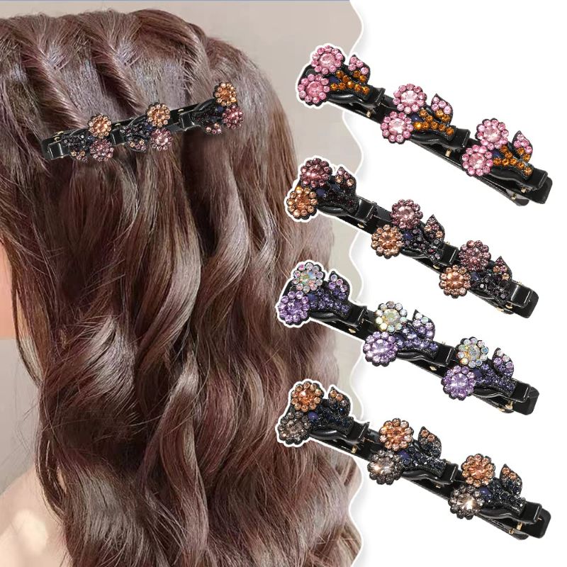 Photo 1 of 4 Pcs Braided Hair Clips For Women,Sparkling Crystal Stone Braided Hair Clips Satin Fabric Hair Bands, Rhinestone Hair Clips With Rhinestones For Women Girls (D)