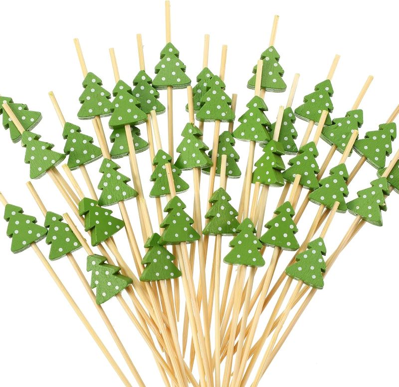 Photo 1 of 100 pcs Christmas Cocktail Picks Xmas Tree Party Picks Appetizer Picks Wooden Bamboo Toothpicks Skewers Decorative Sandwich Fruit Sticks for Christmas Party Appetizer Supplies 