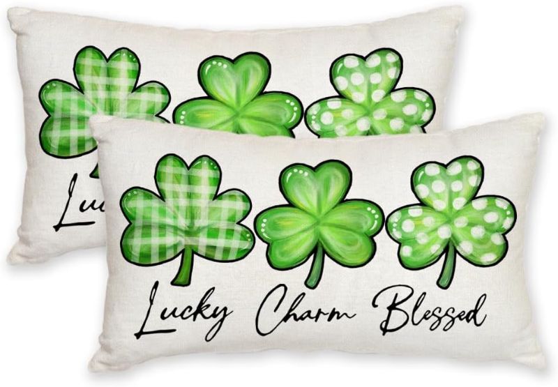 Photo 1 of AACORS St.Patricks Day Pillow Covers 12X20 Inch Set of 2,Shamrock Lucky Charm Blessed Decorations Holiday Spring Decorative Pillow Case Decor for Sofa Couch (Green) AK034-12
