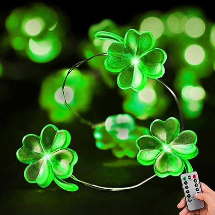 Photo 1 of 2 Pack St Patrick's Day Shamrock Decoration Set Shamrock Lucky Clover Metallic Tinsel Garland and Battery Operated 10ft 30LEDs String Light Green Shamrock Garland LED Lighted for Party Home Decor