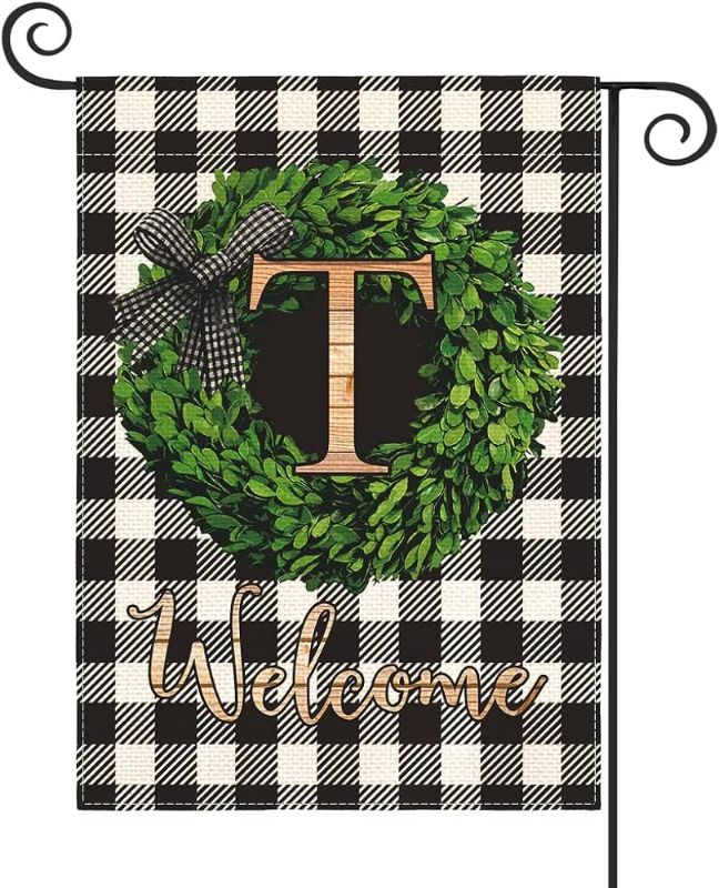 Photo 1 of AVOIN colorlife Monogram Letter T Garden Flag 12x18 Inch Double Sided Outside, Buffalo Plaid Family Last Name Initial Yard Outdoor Decoration