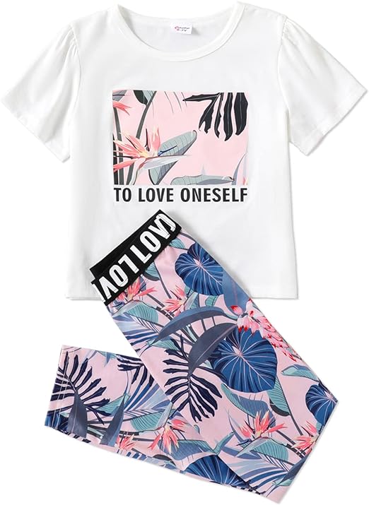 Photo 1 of [Size 6-7yrs] PATPAT Toddler Girls Clothes 2-piece Kid Girl Letter Leaf Print Tee and Elasticized Leggings Set