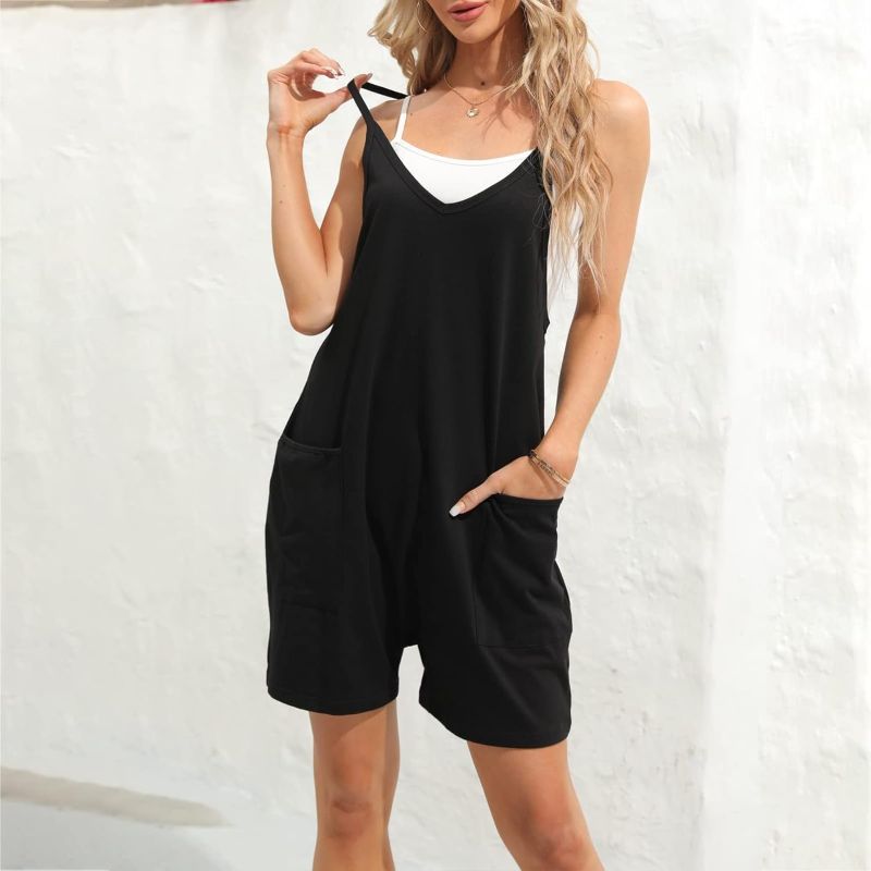 Photo 1 of [Size M] Women Sleeveless Drop Crotch Jumpsuits Spaghetti Strap Loose Rompers Shorts Overalls with Pockets