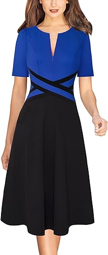 Photo 1 of [Size M] VFSHOW Womens Colorblock Peplum Slim Front Zipper Work Business Office A-Line Midi Dress -Blue