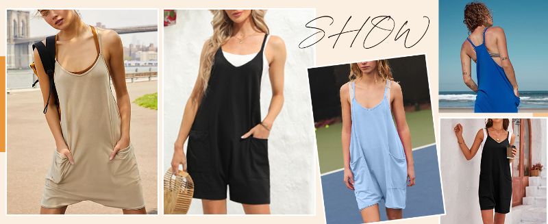 Photo 1 of [Size L] COZYPOIN Women Sleeveless Drop Crotch Jumpsuits Spaghetti Strap Loose Rompers Shorts Overalls with Pockets- Black