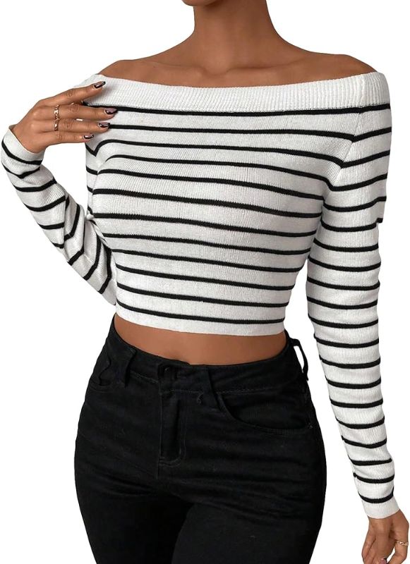 Photo 1 of [Size L] SHENHE Women's Striped Ribbed Knit Off Shoulder Long Sleeve Crop Sweater Pullover Black and White L