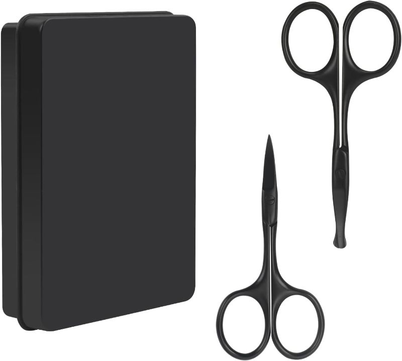 Photo 1 of Arqumi 2 Pack Facial Hair Scissors Kit for Men Women, Stainless Steel Rounded Tip Nose Hair Scissor Eyebrow Grooming Scissor for Cutting Mustache, Beard, Eyelashes Safety, Box Package, Black