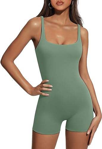 Photo 1 of [Size M]  Fanuerg Women's Square Neck Sleeveless One Piece Romper Bodycon Tummy Control Shorts Jumpsuit Rompers -Blue 