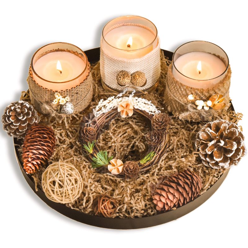 Photo 1 of Le Sens Amazing Home Candle Holder Set House Decor Centerpiece 11 inches, Festive Wedding Rustic Family Candles Marriage Ceremony Candles Burlap Lace Pinecones Scented Candle Set (Wreath)